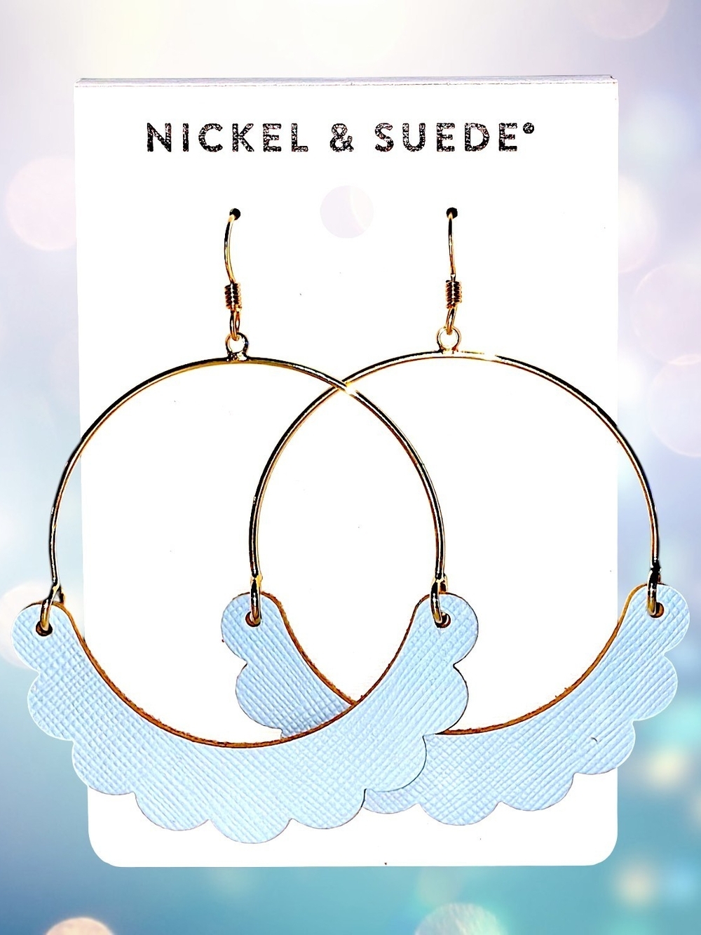 NWOT Nickel & Suede Light Blue Scalloped Hoop Drop Earrings